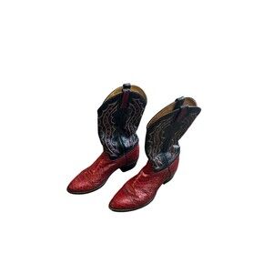 VTG J. Chisholm Western Cowboy Boots Red & Black Snakeskin Mens 9.5D USA 43535